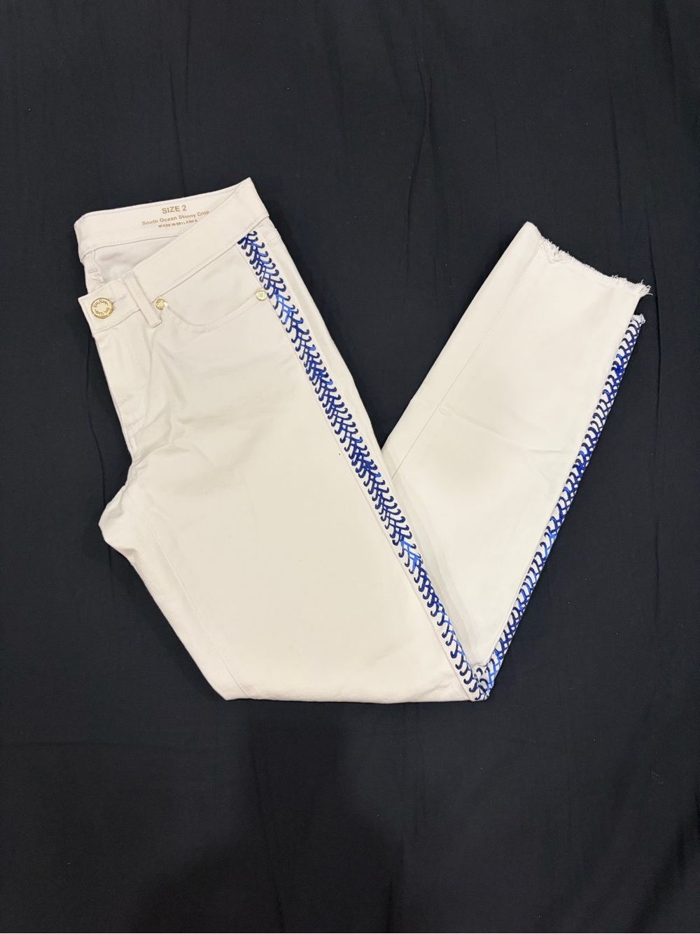 Lilly Pulitzer White Jeans with Blue Side Embroidery